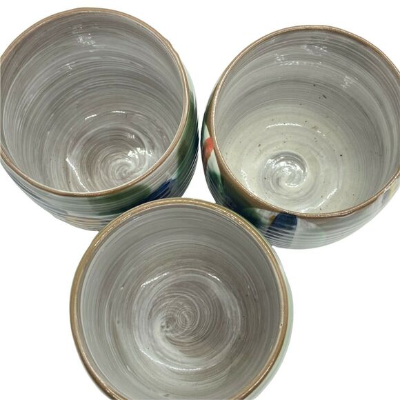 Asian Tea Cups Set Of Three Vintage Gray Green Blue Ceramic Round Sticker Marked - Picture 6 of 16